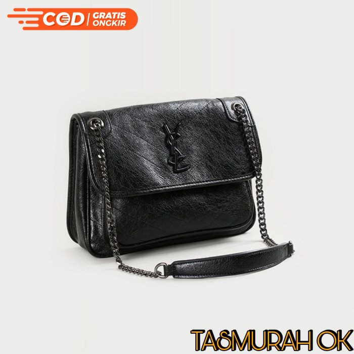 TAS SLING SHOULDER BAG WANITA LAURENT RANTAI BLACK KULIT HITAM TEBAL