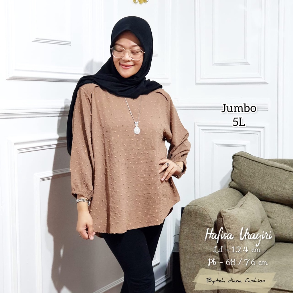 Atasan Wanita Jumbo / Baju Atasan Wanita Jumbo / Blouse Wanita Jumbo Hafisa Crinkle Doty Import Hight Quality Ld 124-Mocca Airflow