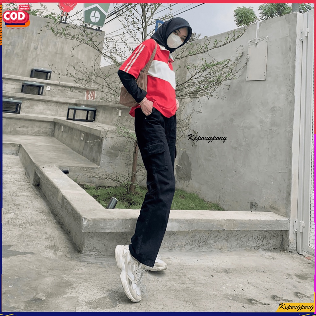 Celana Jeans Wanita Boyfriend Cargo ootd - Boyfriend Cargo Jeans Black Hitam