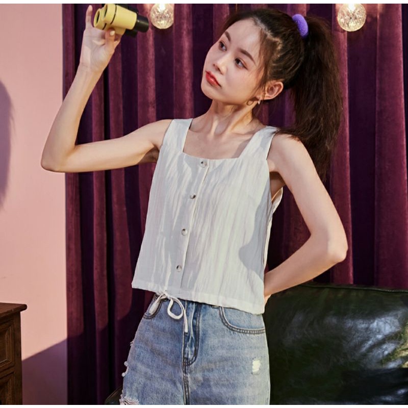 Blairs - kaos atasan wanita cewek tanpa lengan musim panas summer kutungan warna putih top dengan ta