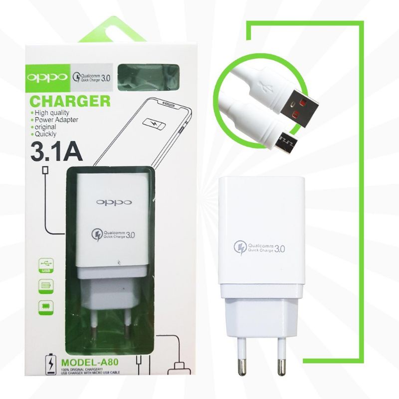 CAS/CHARGER type hp OPPO F11, F11pro, f7, F5, F3, F3 plus/F3+, a16, A15/a15s, a5s, A7, f9, a12, a83, a71, f1s/a59, A1k, F1, F1 plu, F1+ A37, A37f, Neo9 A3S, A57, A39, Neo 7/A33, A11w MODEL-A80 QUALCOMM QUICK CHARGER 3.1A,.   PENGISIAN CEPAT