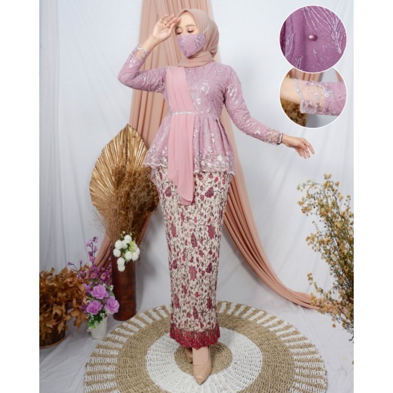 IndahKebaya | SET PAKAIAN KEBAYA SELENDANG MUSLIMAH TILLE MODERN / OUTFIT BAJU KAMEN KONDANGAN / WISUDA / ADA WARNALILAC TOSCA DUSTY ROSEGOLD WARDAH MOCCA GOLD NAVY MAROON SILVER CREAM NUDE