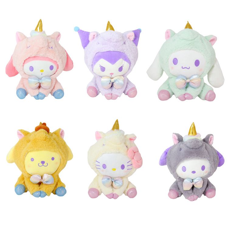 MAINAN BONEKA MELODY HELLO KITTY CINNAMOROLL POCHACCO DOG POMPOMPURIN KUROMI KOSTUM UNICORN IMPOR