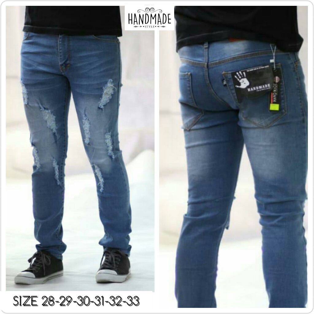 Celana Jeans Pria Skinny Biker Motor Ripped Knee Rips Sobek Robek Black Denim Streact Berkualitas S0