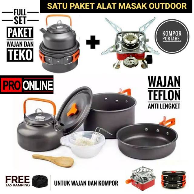 Cooking Set Teko/Ceret Wajan Dan Kompor Portabel / Paket Teko wajan Dan Kompor Camping Outdoor