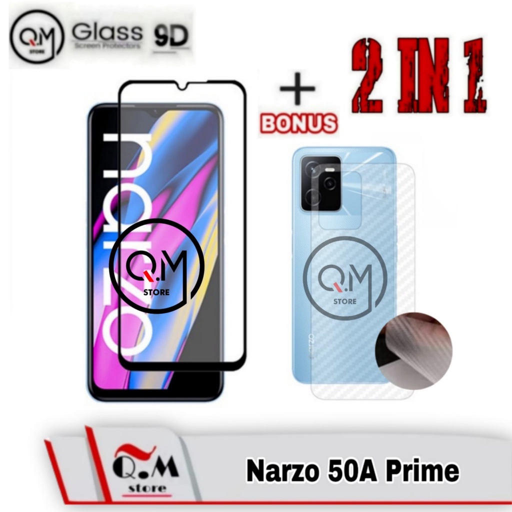 Paket 2 in1 Tempered Glass Realme Narzo 50A Prime / Realme C35 Anti Gores Screen Guard Pelindung Back Layar Bonus Garskin Carbon