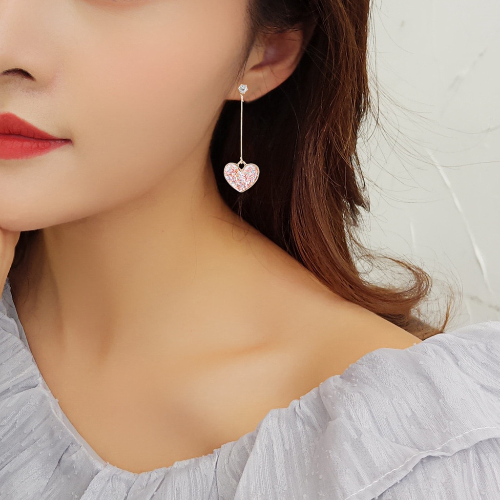 Hu Hu Hu Hu Hu Alat Bantu Pasang Kacamata♡ 1 Pasang Anting Stud Panjang Bentuk Hati Aksen Payet Bahan Alloy Untuk Hari Valentine