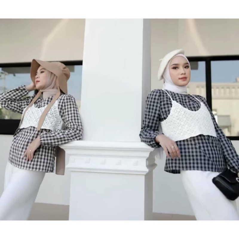 Baju Import Blouse Motif Kotak with Crochet Vest 017