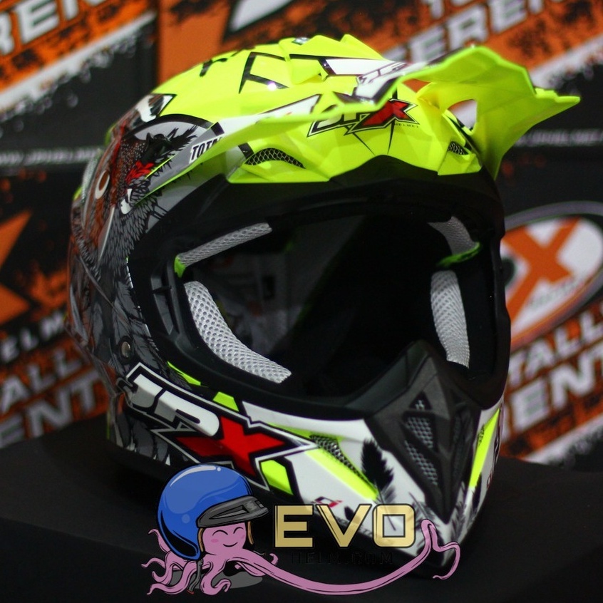 HELM JPX CROSS_FOX1 SERI X13 - FLUO YELLOW GLOSS + GOOGLE SNAIL (ONGKIR 2 KG) JPX X13 MOTIF OWL HELM JPX BURUNG HANTU HELM CROSS YELLOW JPX STABILO