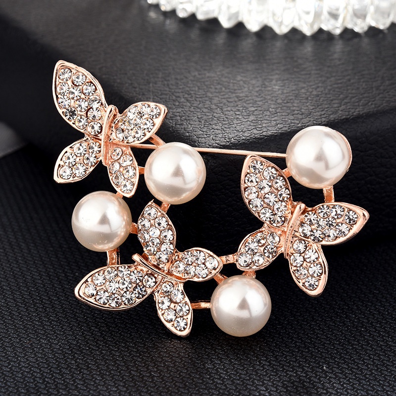Candy Jewelry Fashion Korean Butterfly Brooches Gold Color Pearl Brooch Pins Rhinestone Breastpin for Women bros hijab-#11