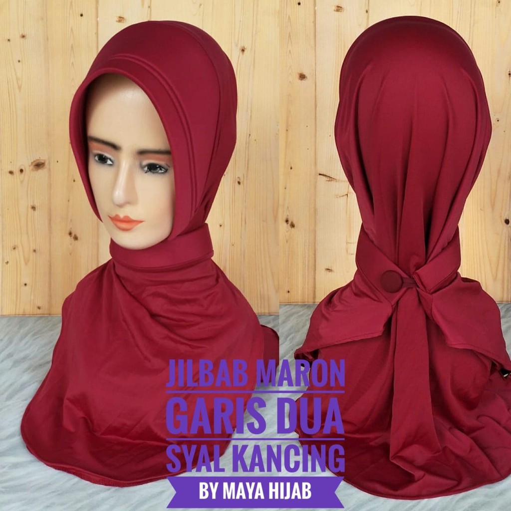 Jilbab merah maroon garis dua syal kancing