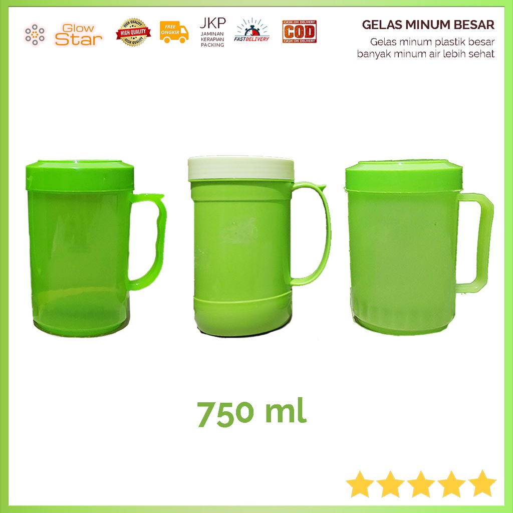 Gelas Cangkir Mug minum plastik Besar 750 ml hijau, gelas air putih ukuran Jumbo, gelas dengan tutup