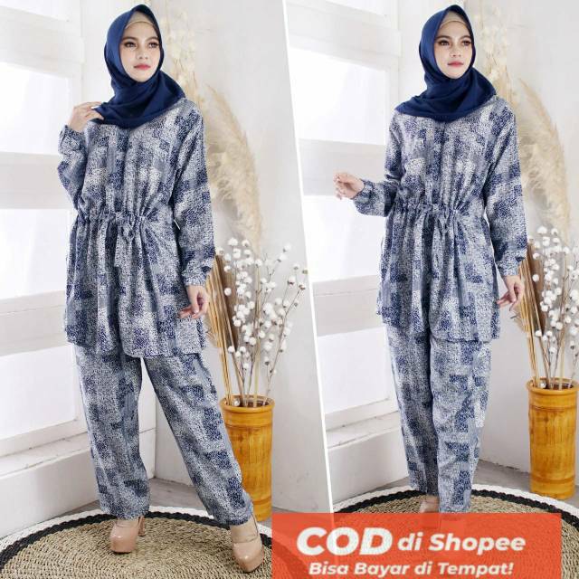 Baju setelan celana dan tunik motif cantik/setcel Busui/setcel jumbo/bahan maxmara Lux premium impor