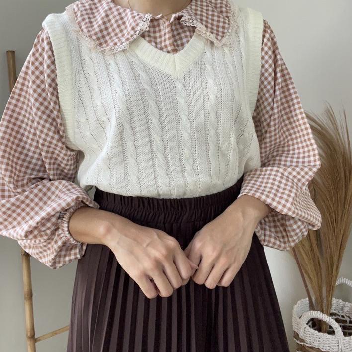 Ready Stok PUFFY BLOUSE / GINGHAM (Atasan korea lengan balon) - Inner Vest/Rompi new