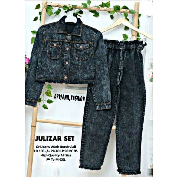 ARN - JAKET WANITA JULIZAR SETELAN CELANA JEANS ONE SET JACKET CROP OUTFIT CASUAL OOTD CEWE ORIGINAL Jins