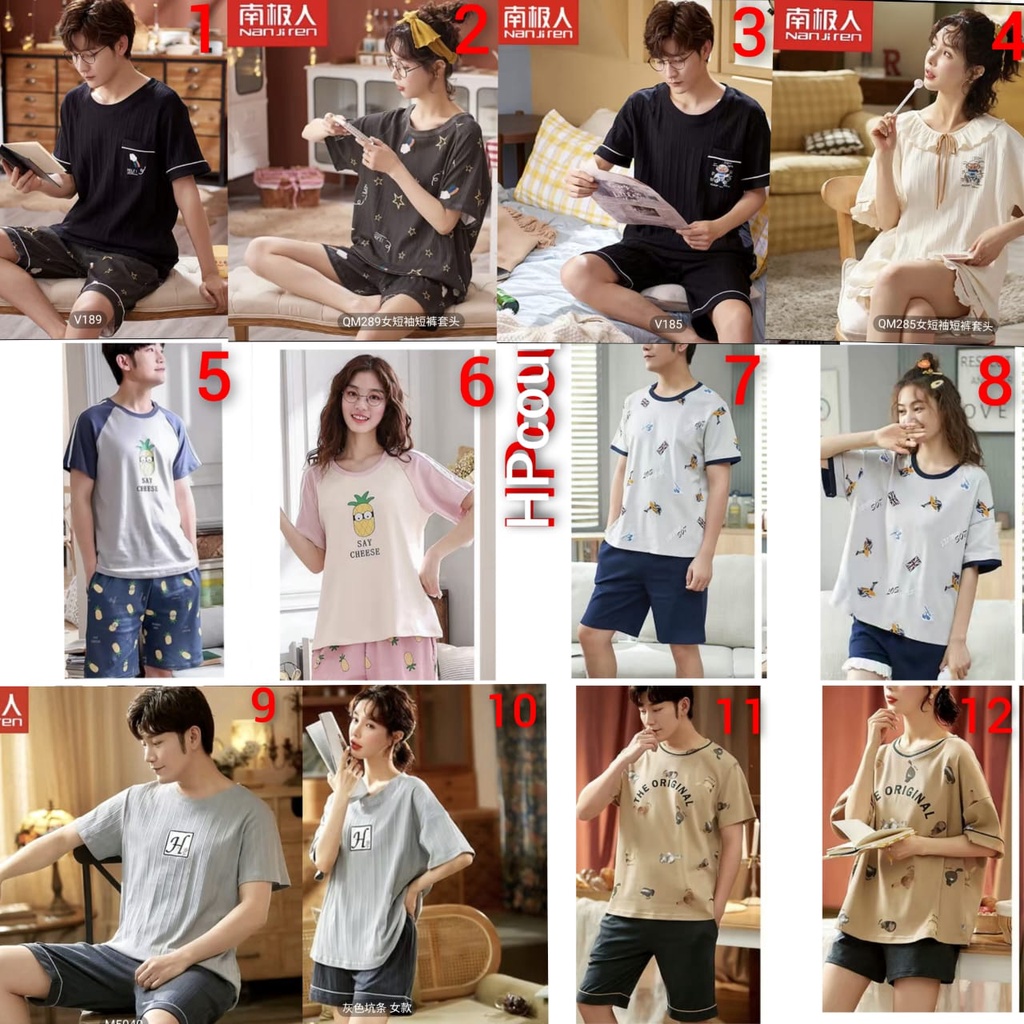 Baju tidur piyama lengan pendek celana pendek bahan kaos import HPcouple72