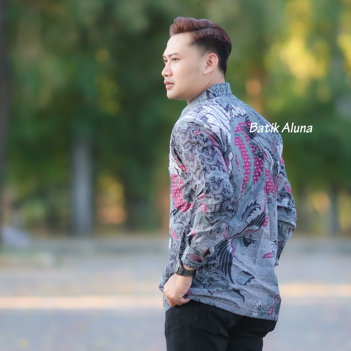 Baju Batik Pria Lengan Panjang Modern Original Premium Kemeja Batik Pria Lengan Panjang Full Furing Reguler Hem Batik Pria Cowok Laki Laki Slim Fit FASHION BATIK ALUNA