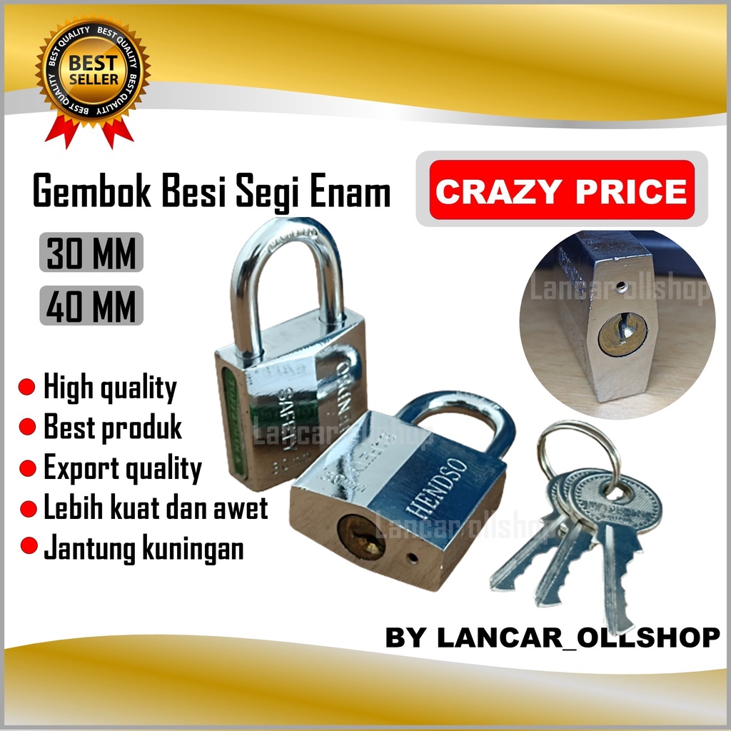 Gembok leher panjang pendek 40mm / Gembok pagar rumah / Pengaman pagar rumah / Gembok anti maling Segi Enam 30 MM Leher Pendek