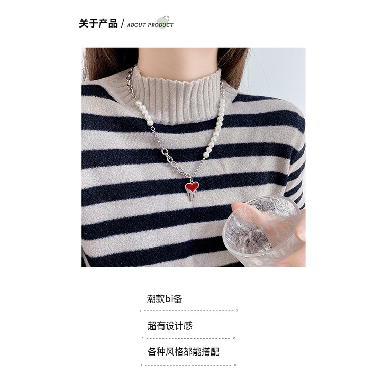 Gaya Korea niche desain Lava Merah cinta liontin kalung sweter in elegan mutiara sweater chain