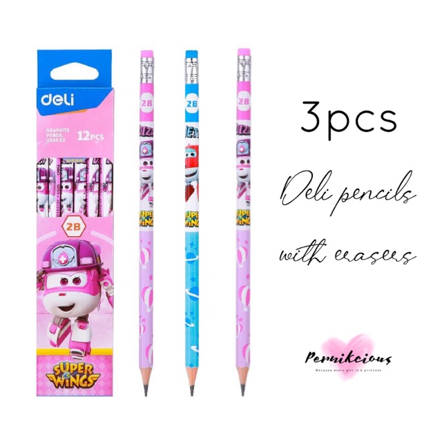 

Pernikcious 3pcs Pensil Deli Super Wings Dizzy Jett Pensil Kayu Dengan Penghapus Warna Pink Dan Biru