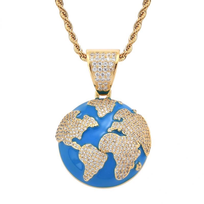 Perhiasan Kalung Liontin Drop Oil Micro-Inlaid Zircon Blue Earth Gaya Hip Hop Untuk Pria