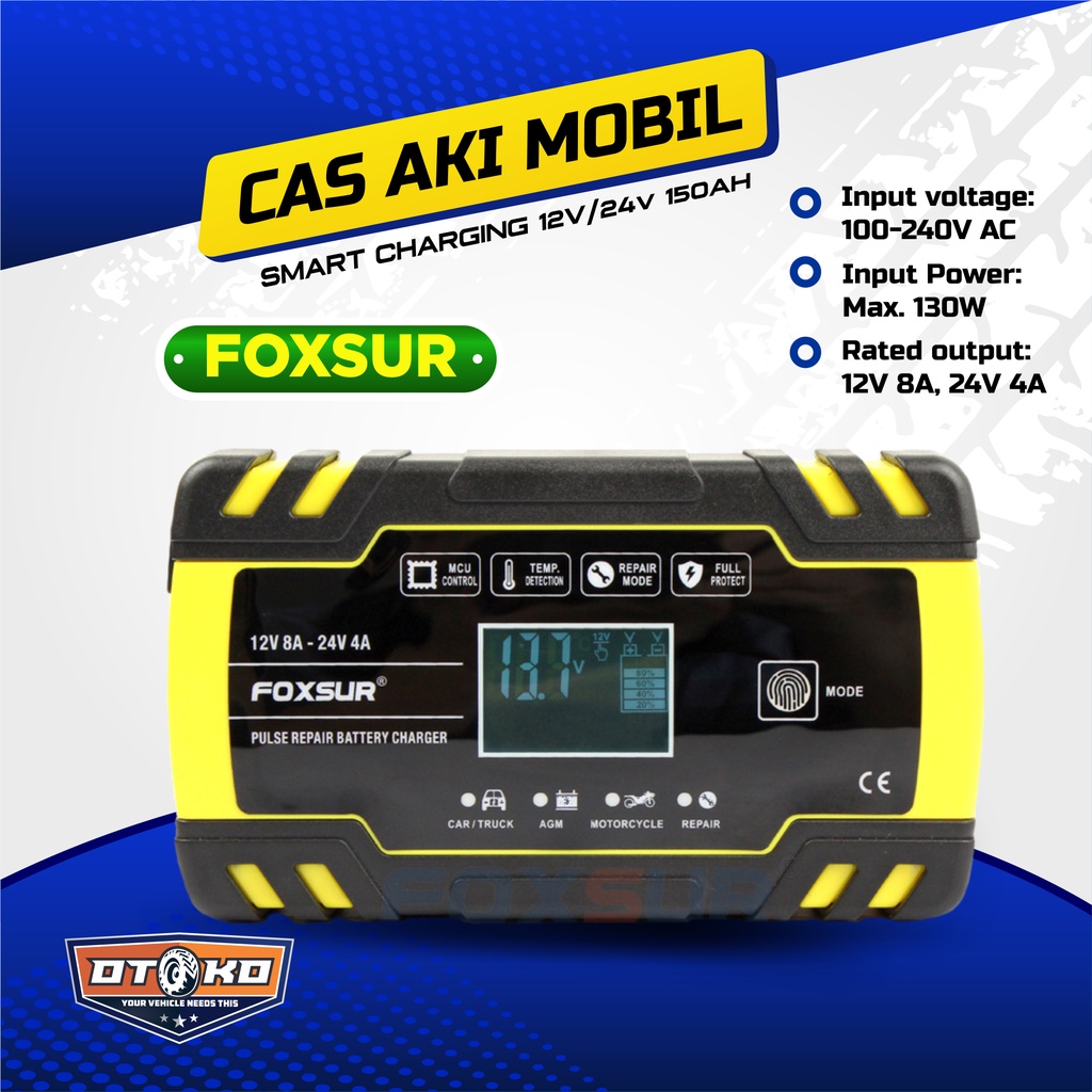 Cas Aki Mobil FOXSUR Carger Aki Mobil 130W 12V/24V 150Ah with LCD FBC122408D Cas Aki Cepat