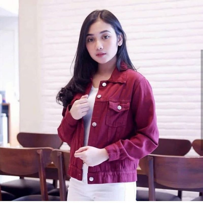 JAKET BIONDY DENIM JEANS WANITA JINS JAKET CEWEK CEWE MURAH TERBARU JAKET CROP-Maron