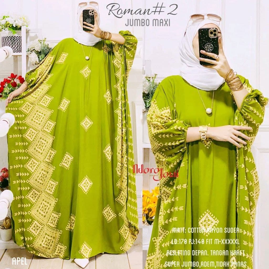 Roman Kaftan Wanita Jumbo Rayon Premium Gamis Dress Batik Kekinian Bigsize LD 148 cm