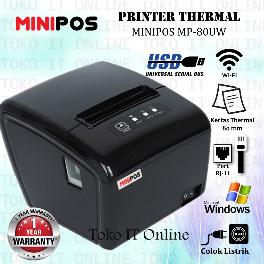 minipos mp 80uw printer thermal 80mm usb wifi cetak struk kasir rj11 paper 80x80