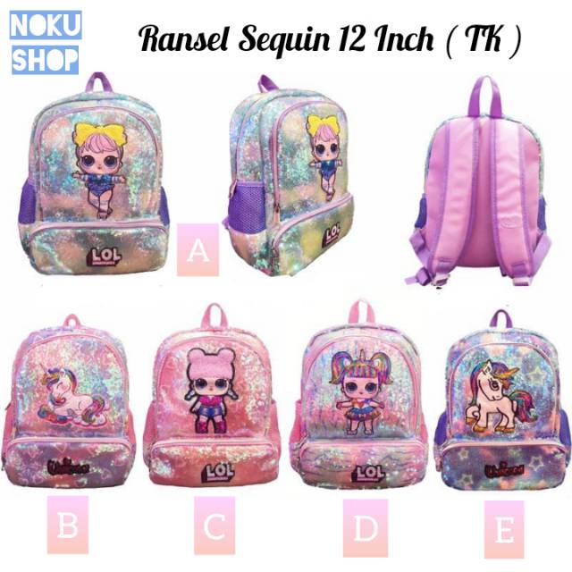 Tas Ransel Sequin LOL &amp; Unicorn Ukuran 12 Inch Untuk TK