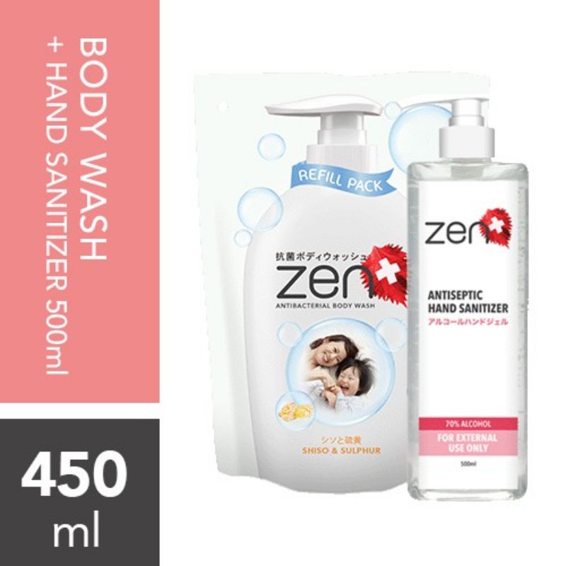 Zen Body Wash Refill 450 ml + Hand Sanitizer 500 mL TURUN HARGA !! Paket Hemat