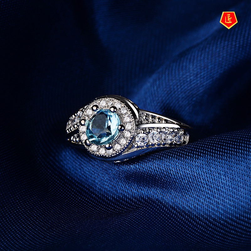 [Ready Stock]925 Silver Ring Full Diamond Spring Shape Inlaid Blue Gem