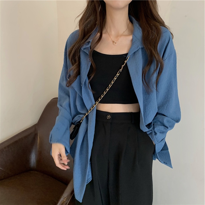 Fashion wanita korea all-match kemeja lengan panjang kasual warna solid oversize blouse