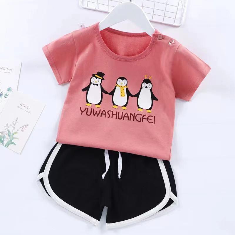 Goblin♛ PB047 COD Baju Jumper Anak bayi Romper Tidur Setelan Celana Pendek Piyama Santai Fashion Korea Import-PENGUIN PINK