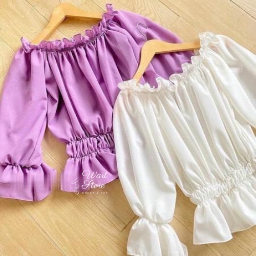 Baju Sabrina Atasan Wanita Korean Crop Top Blouse Kerut/Serut Lengan Panjang Jumbo JAYDA Sabrina