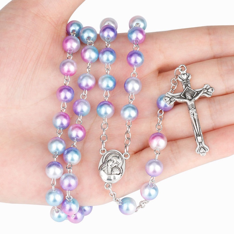 Fashion Bead Glass Pearl Catholic Christian Cross Catholic Rosary Necklace Gifts