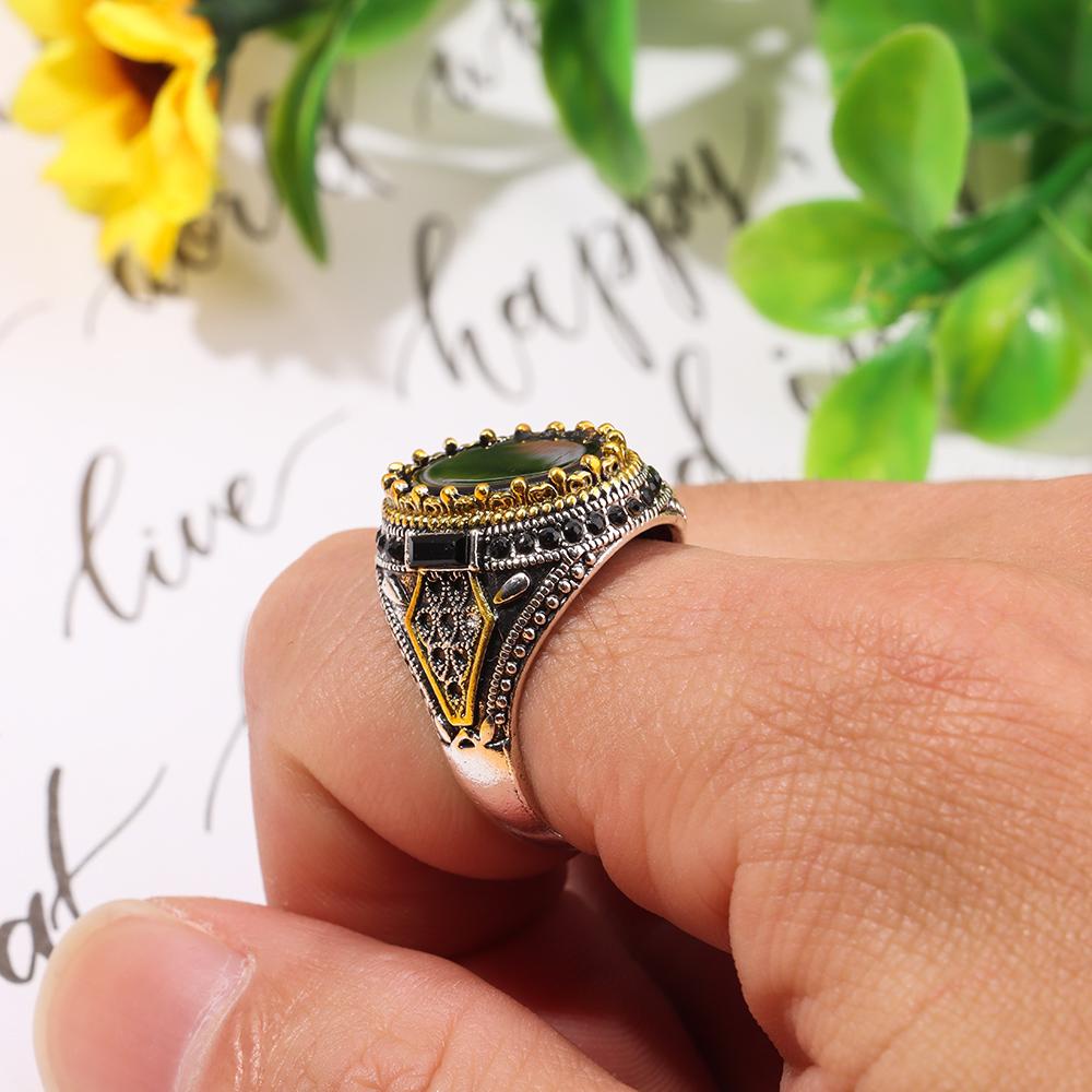 R-flower Cincin Pria Pesta Perhiasan Retro Religi Dengan Batu Onyx Hitam