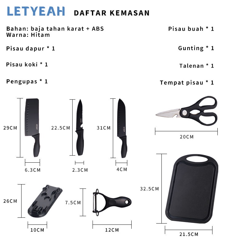 letyeah pisau dapur set stainless tajam / talenan set isi 7pcs