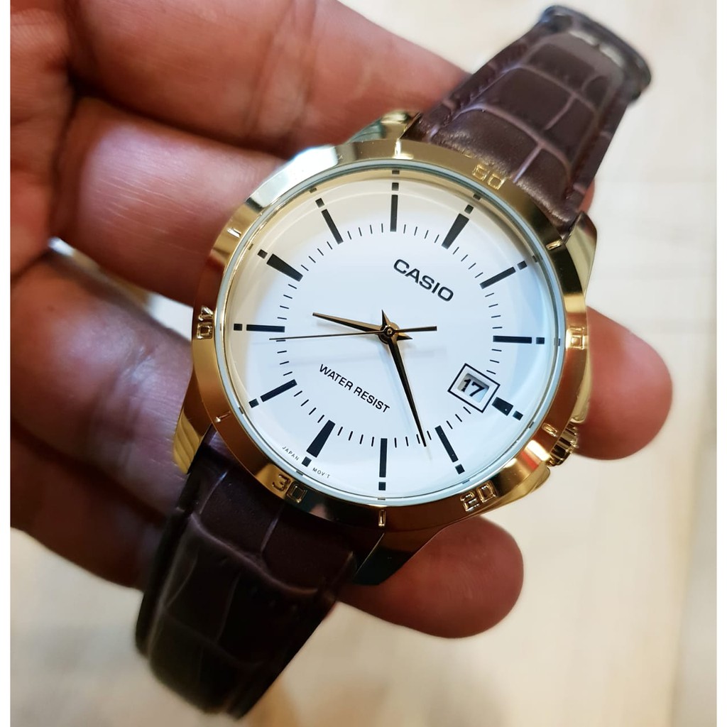 Jam Tangan Casio MTP004 Pria Original Tali Kulit Coklat Gold