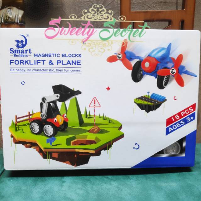 Mainan Anak Smart Builders Magnetic Blocks Forklift Plane Shopee Indonesia