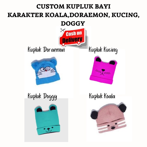 CUSTOM Bordir Nama Anak Kupluk Rajut Karakter Koala/Doraemon/Kucing/Doggy Usia 6 bulan-3 tahun