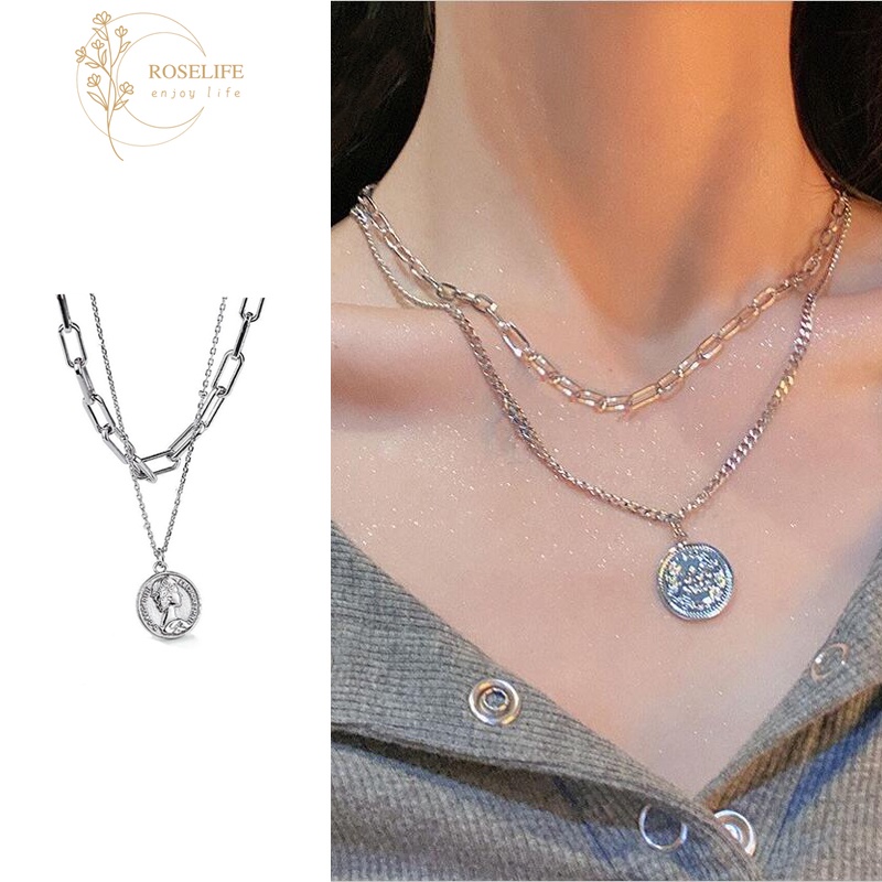 Roselife Kalung Choker Rantai Silver Liontin Koin Ratu Elizabeth Gaya Vintage Untuk Wanita