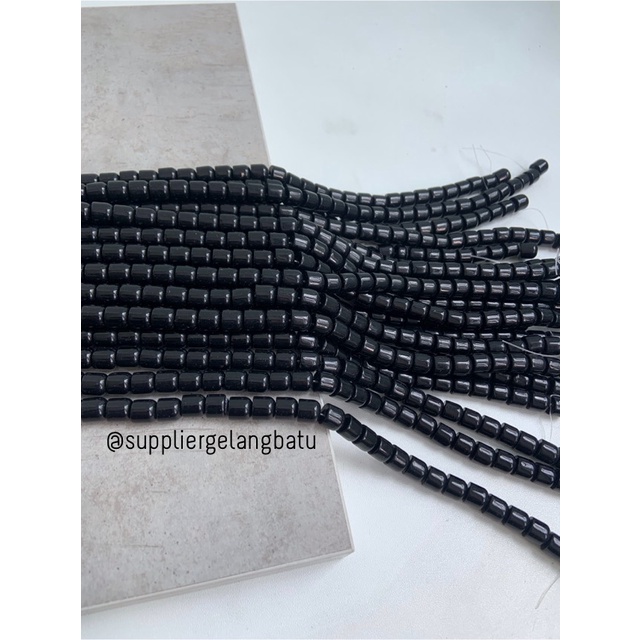 manik batu tabung 8mm black onyx hitam glossy akik bahan gelang kalung