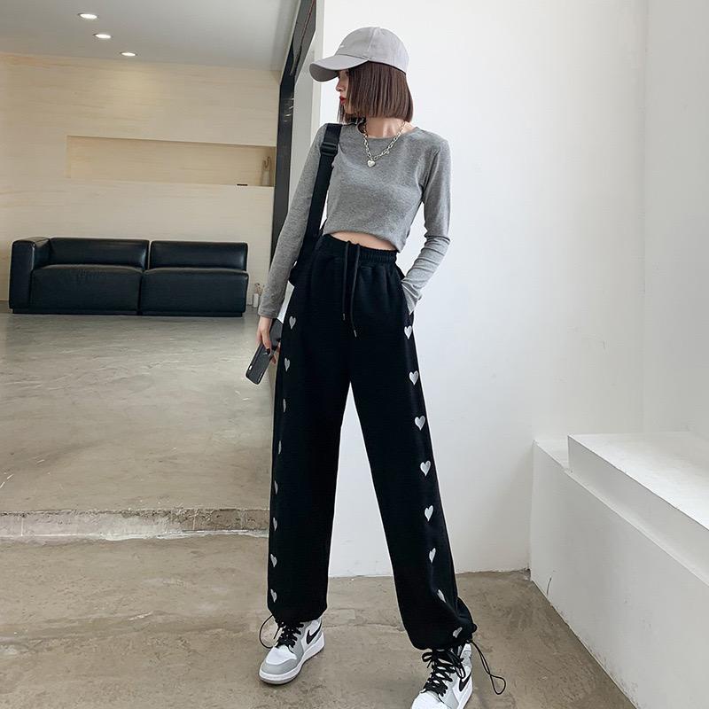 [littlecrab] Celana Panjang Motif Love Bordir Putih Biru Hitam Abu Loose Pants Hati Mini Celana Kasual Karet Training Simple Polos Unik Berkualitas Korean Style