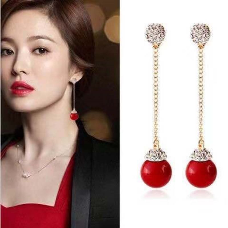 Anting tusuk gantung red pearl TJ