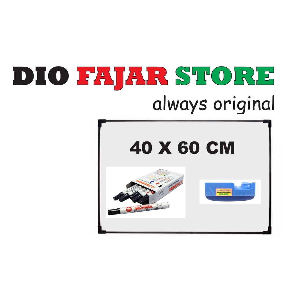 

PAPAN WHITE BOARD 40 X 60 CM PLUS 1 LUSIN SPIDOL WB + PENGHAPUS