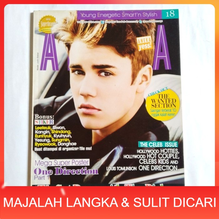 Majalah ANEKA YESS No.18 Agu 2012 Cover JUSTIN BIEBER Langka