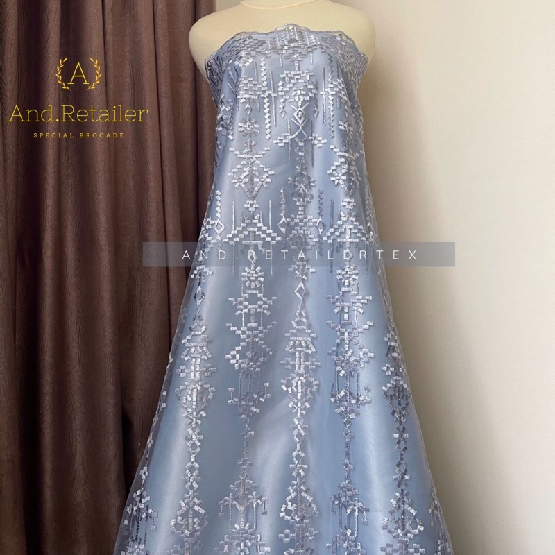 Bahan Kebaya Premium Etnik Tile Bordir Aphrodite Warna Silver Blue Metalic Design By Sapto