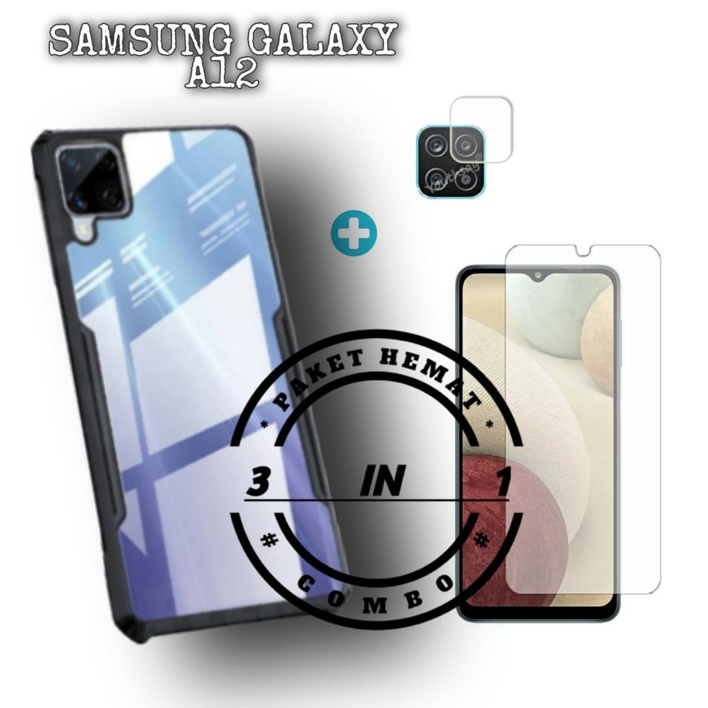 Hard Case Samsung A12 Case Clear Cover Fusion Tempered Glass dan Tempered Glass Paket 3 in 1