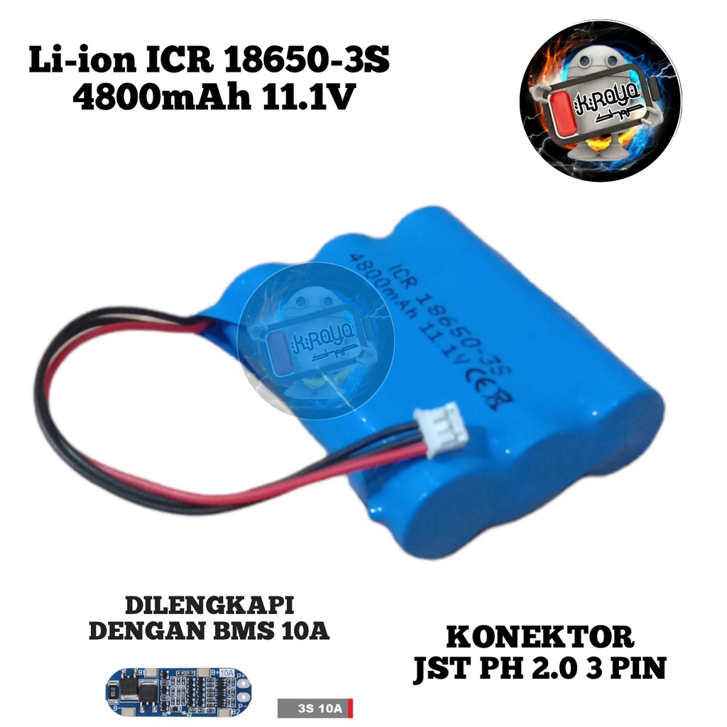 Batrai Speaker Bluetooth / Baterai RC 3X 18650-3S BMS 10A 4800mAh 11.1V Konektor JST PH2.0 3 PIN